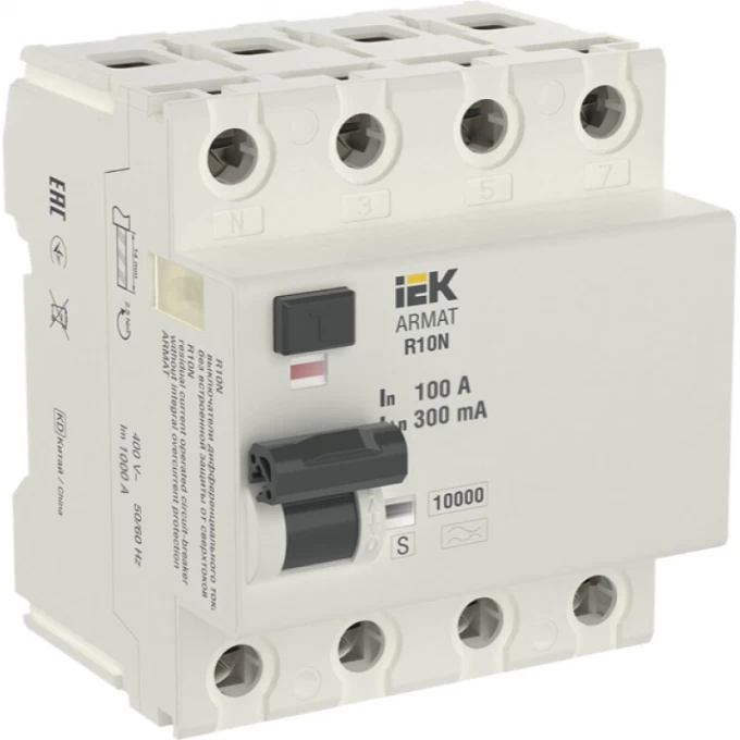 Выключатель дифференциального тока IEK ARMAT R10N 4P 100А 300мА тип AC AR-R10N-4-100C300 Выключатель дифференциального тока IEK ARMAT R10N 4P 100А 300мА тип AC AR-R10N-4-100C300